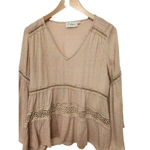 JJ BOUTIQUE Womens Top Small Tan CROCHET LACE Trim Pullover Bell Sleeve  V-Neck